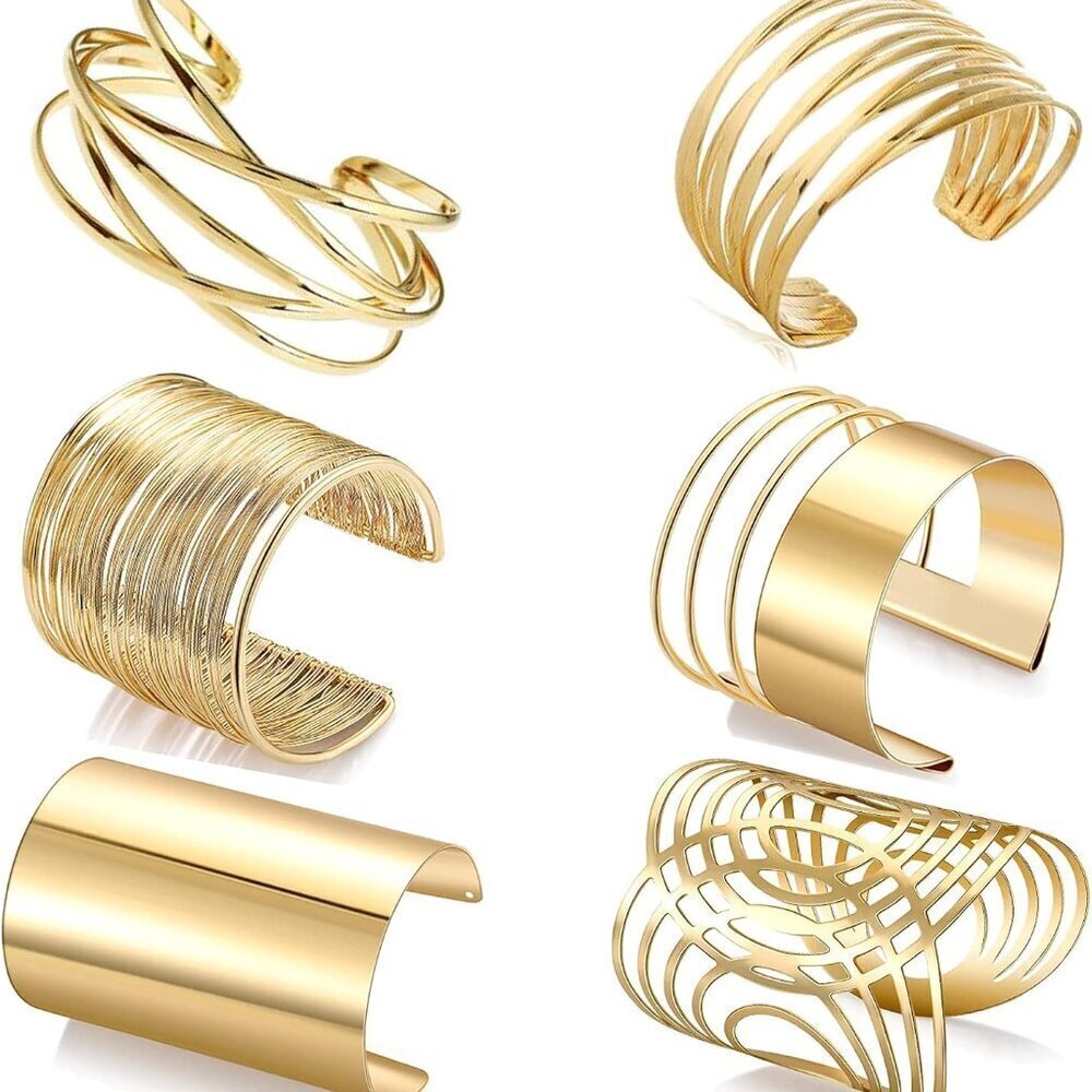6 pcs Women's Wide Wire Cuff Bracelets Set Adjustable Metal Bangles